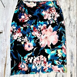 LARA Black Pencil Skirt with Pink & Blue Floral Print